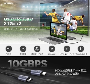 ◆ 新品、送料無料 ◆　UGREEN USB ３.１ Gen２【PD 100W/5A急速充電、4K/60Hz映像出力、10Gbps】 USB-C to USB-Cケーブル １m