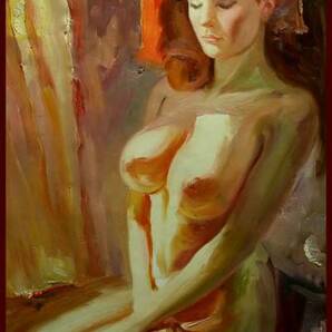 ☆☆☆☆☆油彩画 豊満な乳房 「赤いスカーフの裸婦」 V2