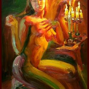 ☆☆☆☆☆油彩画 誘い来る眼差し 「蝋燭の明かりと裸婦」 V2