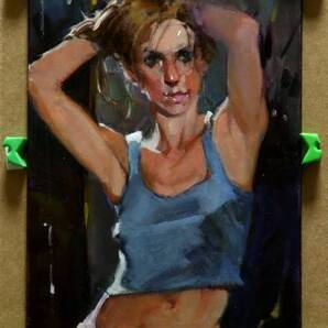 ☆☆☆☆☆油彩画 髪をかき上げる仕草 「タンクトップの女」