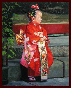 Art hand Auction ☆☆☆ Ölgemälde Shichi-Go-San mit einem süßen roten Furisode, Malerei, Ölgemälde, Porträts