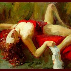 ☆☆☆☆☆油彩画 厚塗り油絵画 「赤い下着の横たわる裸婦」 M