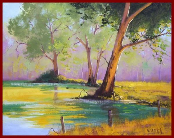 ☆Oil painting Natural beauty that touches the heart Eucalyptus tree at Crescent Lake BY, painting, oil painting, Nature, Landscape painting