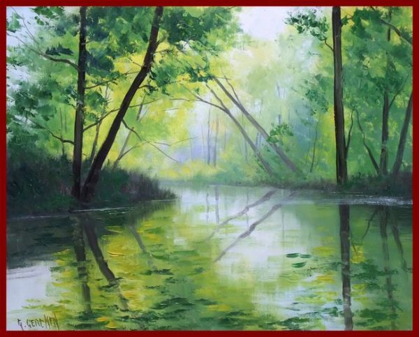 ☆油彩画 森と水の恵み ｢生命の川｣ BY, 絵画, 油彩, 自然, 風景画