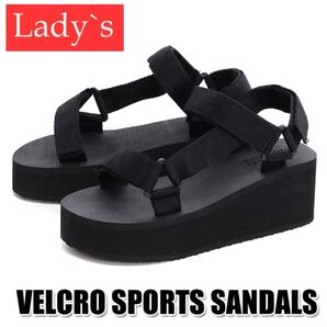 厚底サンダル レディース スポーツサンダル ビーチサンダル ベルクロ 黒 スポサン ビーサン サンダル 24-25cm 新品