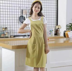 エプロンリネン 女性用 レディース キッチン 2つのポケット (Adult apron1-lemon yellow ）