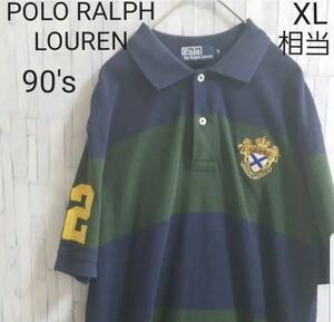 POLO RALPH LOUREN ポロ ラルフローレン 半袖 ボーダー ポロシャツ ポニー シンプルロゴ 刺繍 サイズM 90s 90年代 鹿の子 ラガーシャツ