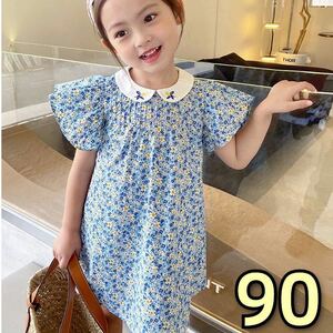  Kids One-piece floral print embroidery A line frill girl summer thing 90