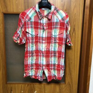  Hectic short sleeves shirt check shirt wrinkle processing 