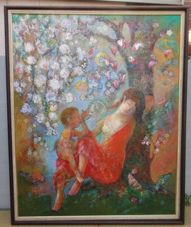 5849 ●Peintre à l'huile Nobuo Nakamura Banquet de fleurs Mère et enfant 1988 Non identifié, collection limitée ●, peinture, peinture à l'huile, Nature, Peinture de paysage