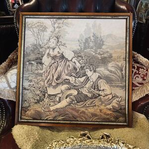 Art hand Auction 湯布院アンティーク 高級イタリア製 額入り 大判ゴブラン織り タペストリー絵画 壁飾り サイズ53×53, タペストリ, 壁掛け, タペストリ, その他