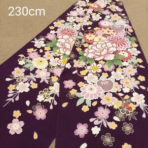 061403 正絹 紫色 花柄 シルク230cm はぎれ ハギレ リメイク ハンドメイド
