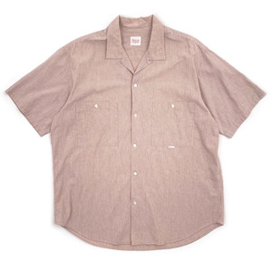 Papas パパス 麻混 ストライプ オープンカラー 半袖シャツ L 日本製