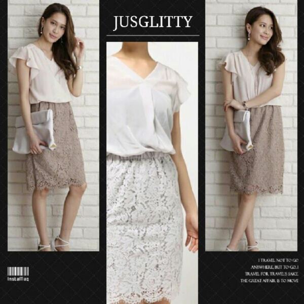 美品 JUSGLITTY レース ドッキングワンピース アイスグレー