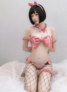 セクシーバニーガール リボンブラ コスプレ ランジェリー 7点フルセット(ピンク)