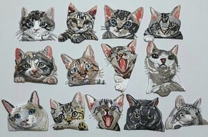 猫の刺繍をしたアイロンワッペン 13種類セット