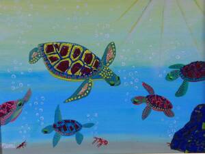 Art hand Auction ≪Komikyo≫, Mémi Sato, Famille de tortues, peinture à l'huile, F8 N° : 45, 5cm×37, 9 cm, Peinture à l'huile unique en son genre, Peinture à l'huile neuve de haute qualité avec cadre, Signé à la main et authenticité garantie, peinture, peinture à l'huile, Nature, Peinture de paysage