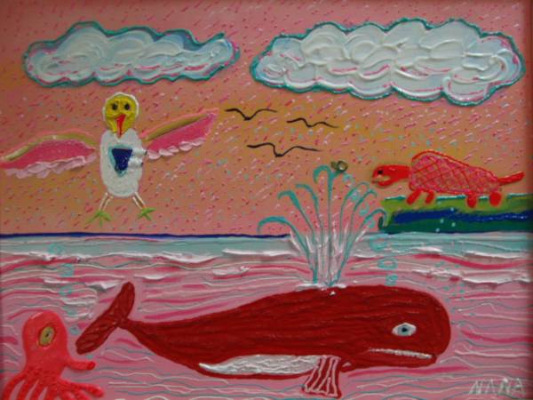 全国艺术协会 NANAMI, 红鲸, 油画, F6：40, 9×31, 8厘米, 独一无二的油画, 全新高品质油画带框, 有亲笔签名并保证真实, 绘画, 油画, 自然, 山水画