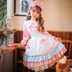 ロリータ ワンピース メイド服 エプロン 髪飾り セット コスプレ 衣装 メイド アリス風 ハロウィン フリル 長袖 半袖 レディース コスの画像1