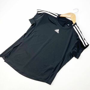 アディダス ★ adidas アシンメトリー 半袖 Tシャツ ブラック レディース L 気分変わるおしゃれデザイン♪ トレーニング ヨガ 体操■AL148