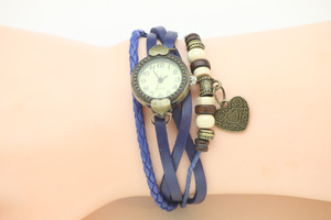 【 送料当社負担 】腕時計 時計 レディース ウオッチ　ハートペンダント 腕時計 レザーブレスレット クォーツレザー Heart-1　ブルーカラー