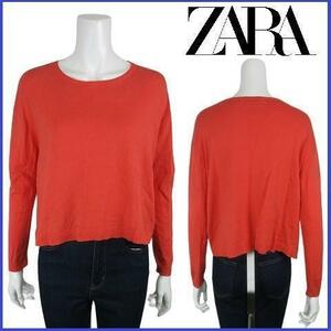 ザラ ZARA KNIT ニット セーター リブ カットソー プルオーバー ドロップショルダー クルーネック ストレッチ シンプル 朱色系 サイズM