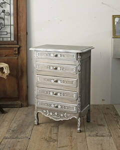 jf02677. country * France antique * furniture gray paint 5 step chest car Be Schic wooden storage furniture chest of drawers cabinet paint furniture floral print 