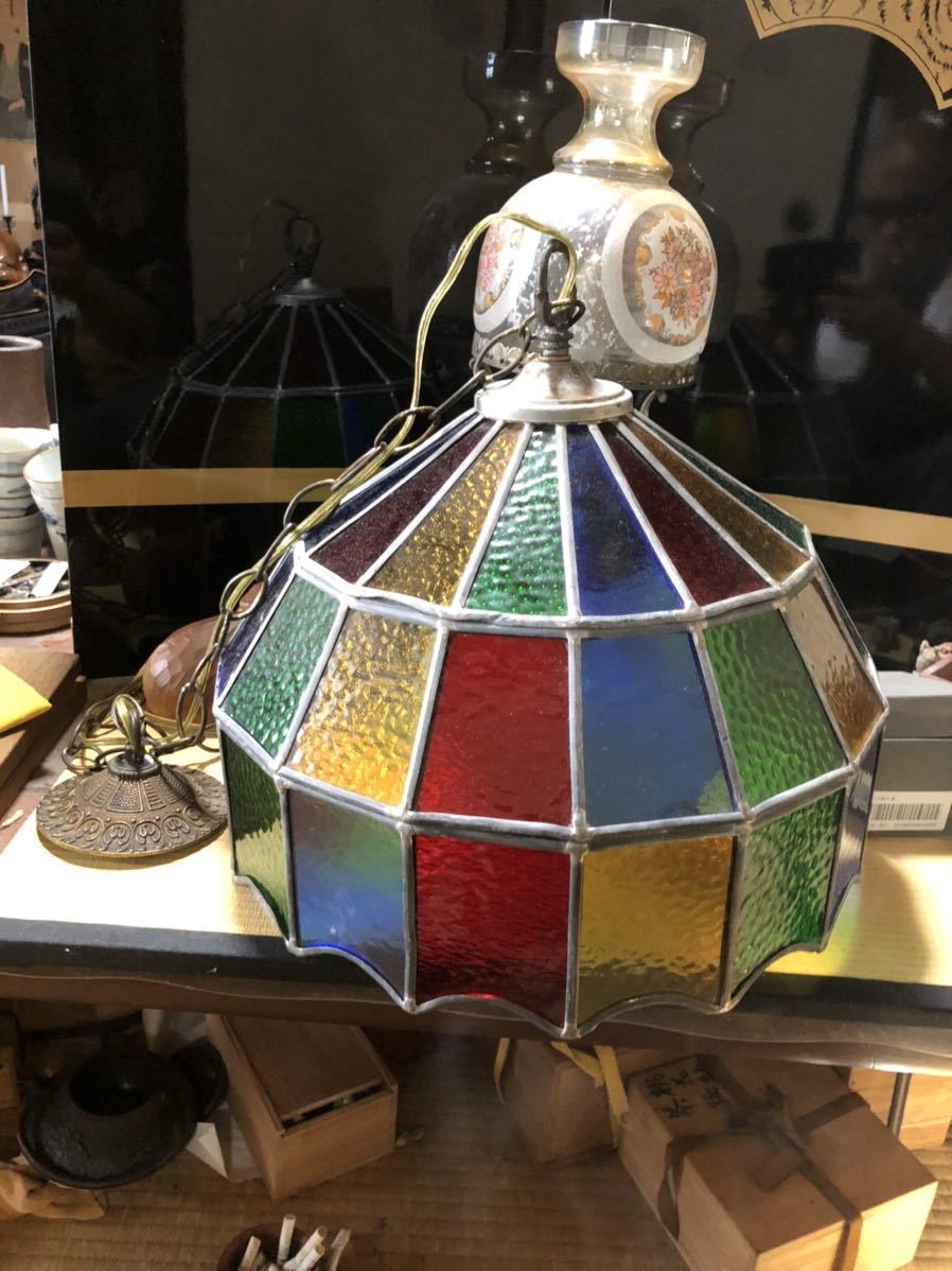 Stained glass lighting, hanging shade, light, pendant light, Showa retro, vintage, antique stained glass, lampshade, rainbow color, Handcraft, Handicrafts, Glass Crafts, Stained glass
