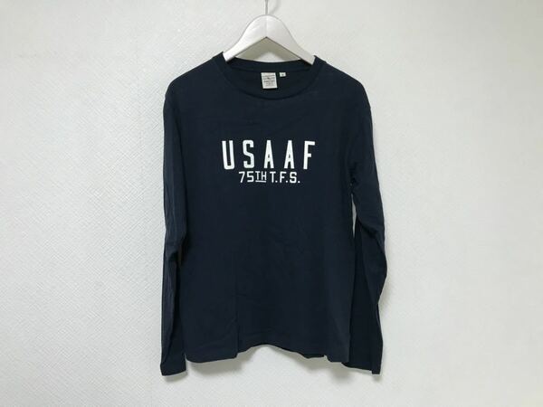 本物アヴィレックスAVIREXアビレックスコットンプリント長袖TシャツロンTミリタリーアメカジメンズ紺ネイビーM