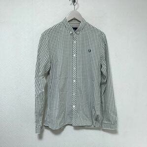 本物フレッドペリーFREDPERRYコットンチェック柄長袖シャツミリタリーアメカジサーフスーツビジネスメンズグリーン緑S