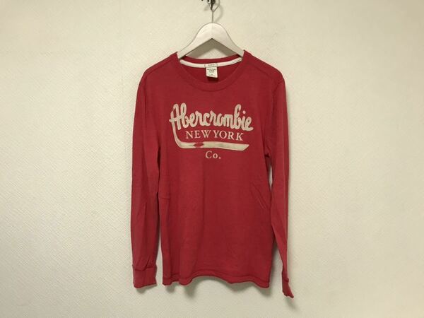 本物アバクロアンドフィッチAbercrombie&Fitchコットンプリント長袖TシャツロンTスーツミリタリービジネスサーフメンズS赤レッド