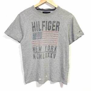 F4970dL《TOMMY HILFIGER トミーヒルフィガー》サイズS/P 半袖Tシャツ グレー メンズ 古着 かすれプリント 星条旗 カジュアル 