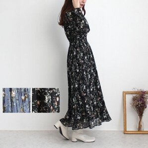 ワンピース 花柄 プリーツ シフォン生地 ブラック L 5313 30代 40代 50代 大人コーデPAYPAY
