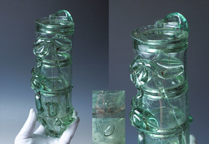 ca83_旧家初出 戦前 大正期 気泡が入った可愛いグリーン色のガラス掛花 花入（検 電笠 氷コップ 薬瓶