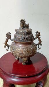 大明宣徳年製　香炉　三足　福寿　中国美術　真鍮製　獅子足　龍取手　獅子頭