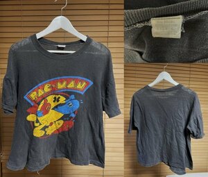 【必見です パキスタン製モデル ボロボロ】パキ綿 ビンテージ パックマン （Pac-Man）コットン100％ Tシャツ L フエードブラック USED