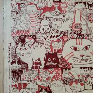 カットクロス■ Manhattaner's マンハッタナーズ 【群衆猫】アイボリー×ピンク プリント生地 猫 ネコ CAT オックス　オックスフォード　