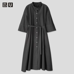 【新品・S/M・ダークグレー】ユニクロ×ルメール■Uniqlo U ユニクロユー スタンドカラーシャツワンピース 7分袖 ゆとりあるシルエット