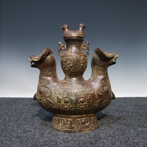 【聚寶齋*青銅製 青銅器*雙羊罐】置物 賞物 中国古美術 造型精美