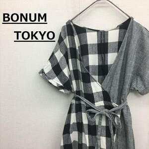 NZ1409●BONUM TOKYO 切替 チェック 半袖 ロングガウン●グレー系 麻混 マキシ丈 カーディガン ワンピース フリンジ