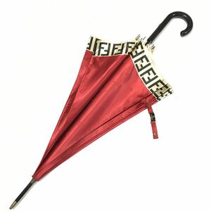 【フェンディ】本物 FENDI 傘 ズッカ柄 FF柄 ロゴ模様 全長90cm 赤色系 雨傘 雨具 アンブレラ 長傘 メンズ レディース