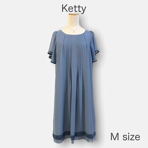1141 Ketty* Katty chiffon flair sleeve A line One-piece on goods Kiyoshi .M size front pleat blue knee length one piece 