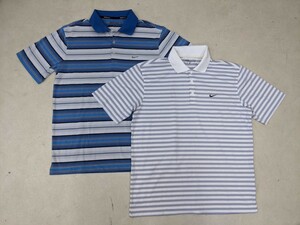 2点セット ナイキゴルフ DRY-FIT ボーダー柄 半袖ポロシャツ メンズ L 白青系 ゴルフウェア 507
