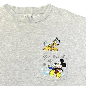 90s Disney Mickey ミッキーマウス Tシャツ L グレー 刺繍 ポケット ミッキー プルート ディズニー キャラクター