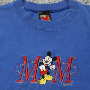 90s USA製 Disney MICKEY ミッキーマウス Tシャツ L ブルー 刺繍 ディズニー キャラクター ミッキー ヴィンテージ