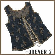 ◎♪forever 21（フォーエバー トゥエンティーワン）▼デニムレースアップビスチェ▼ビンテージ加工▼ネイビー▼オシャレ古着_画像1