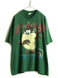 90s USA製 大きいサイズ XL ■ ワーナー タズマニアンデビル プリント 半袖 Tシャツ ( メンズ レディース ) 古着 90年代 キャラクター 深緑