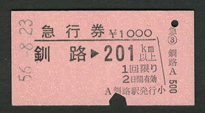 A型急行券 釧路から201km以上 昭和50年代（払戻券）