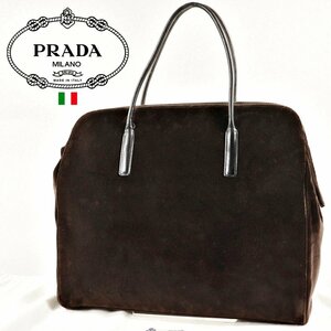 参考価格￥198,000- 美品 イタリア製 PRADA プラダ 高級 ベルベット ベロア ハンドバッグ ブラウン 茶 トート シンプル ユニセックス-