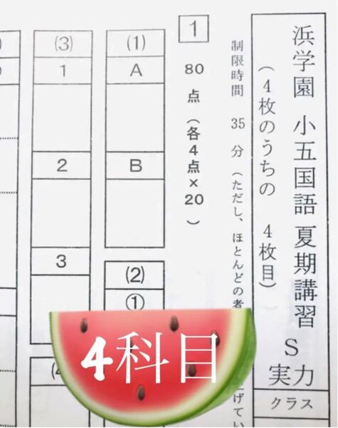 浜学園 小5 夏期講習 復習テスト 国語、算数、理科、社会